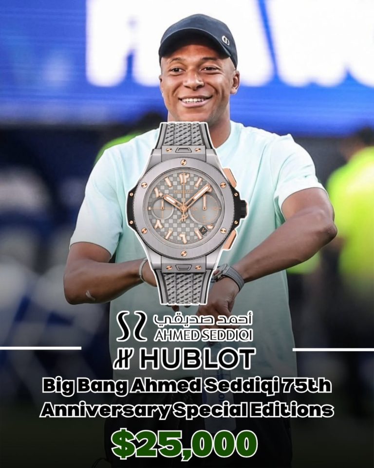 Kylian Mbappe holding a Hublot Big Bang Ahmed Seddiqi 75th Anniversary edition - Fashion Place