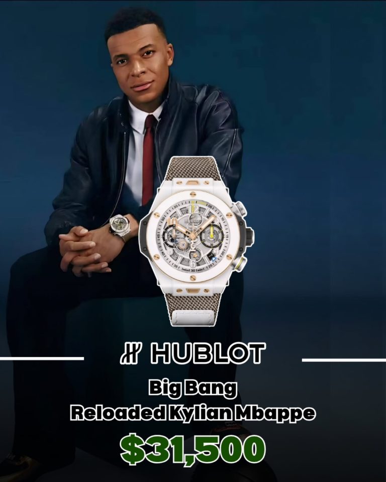 Kylian Mbappe wearing the Hublot Big Bang Reloaded Kylian Mbappe in white ceramic and King Gold