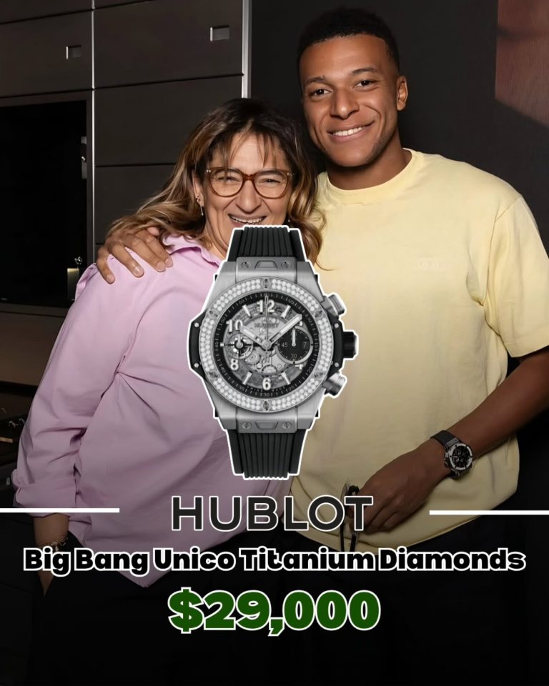 Kylian Mbappe wearing a Hublot Big Bang Unico Titanium Diamonds watch in Paris