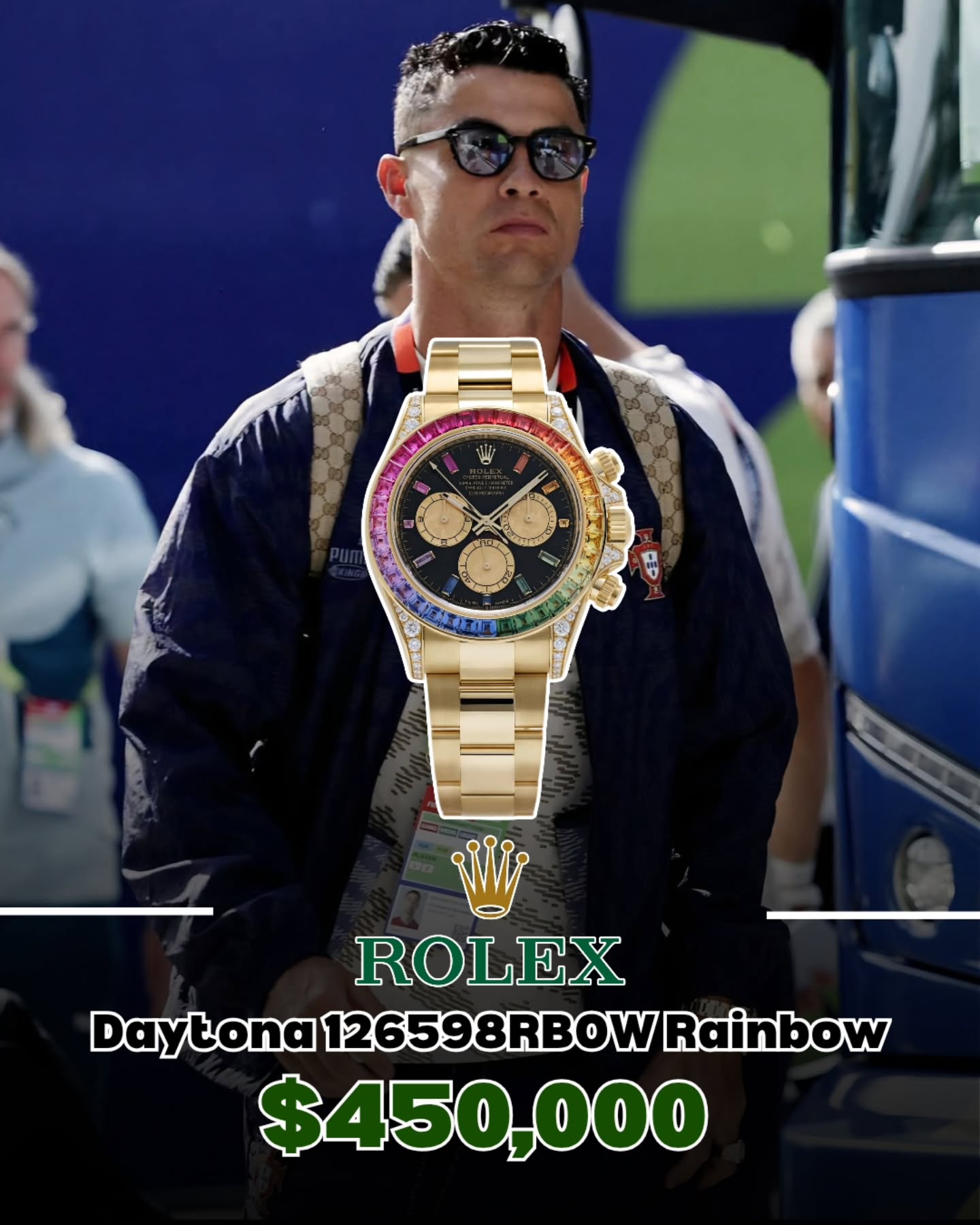 Cristiano Ronaldo wearing a Rolex Daytona Rainbow 126598RBOW at Portugal vs Colombia in Miami