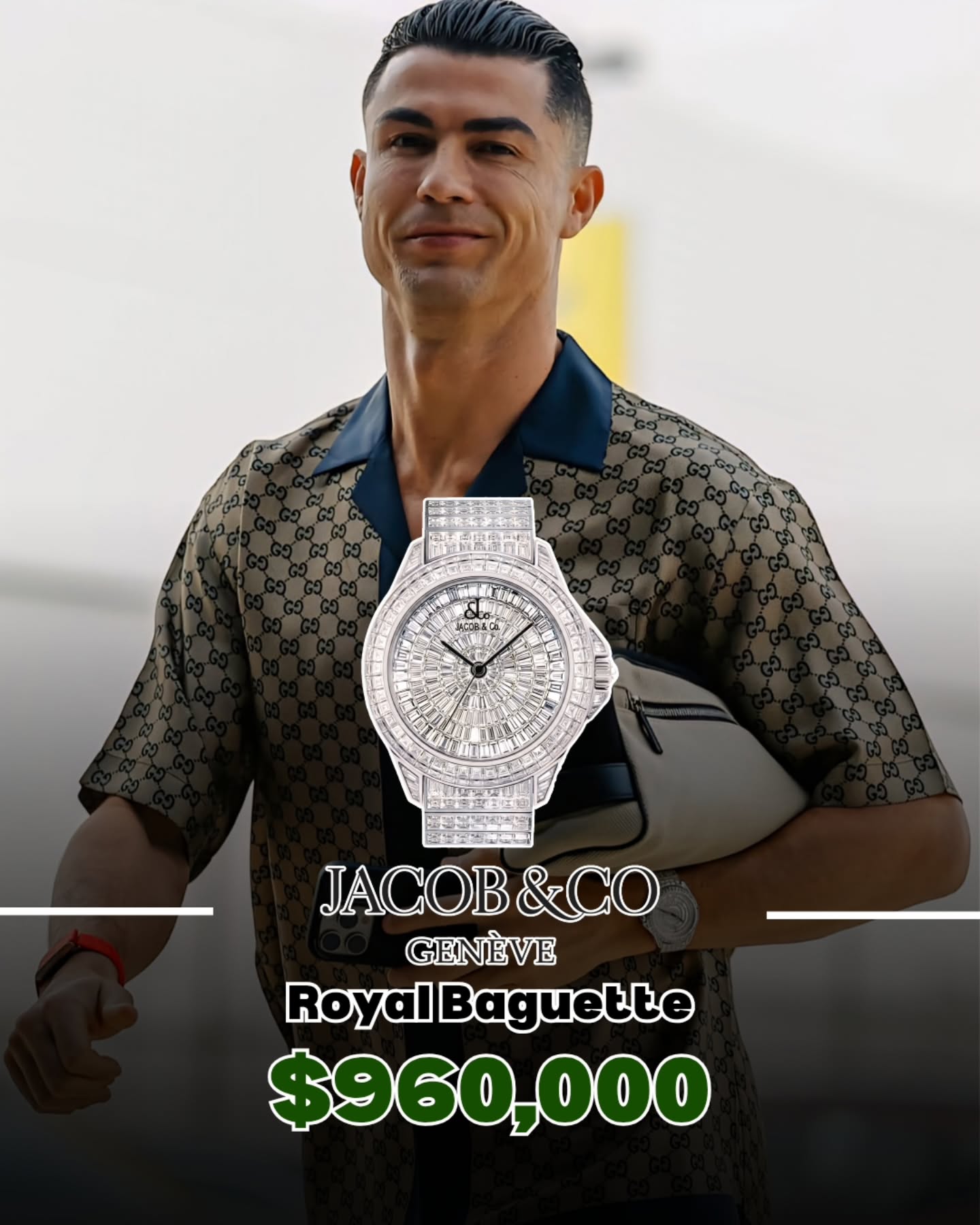 Cristiano Ronaldo wearing a Jacob & Co. Royal Baguette diamond watch arriving at training in Riyadh