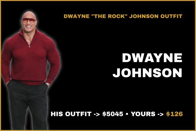Dwayne The Rock Johnson outfit in London: Loro Piana burgundy quarter-zip, pinstripe trousers and Dolce & Gabbana sunglasses